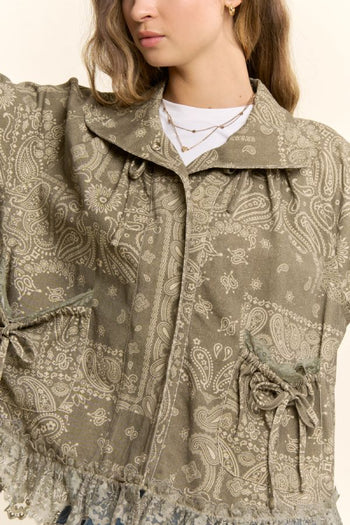 Davi & Dani Bandana Paisley Print Lace Hem Jacket in Olive
