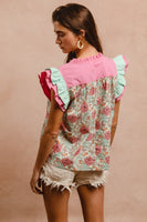 BiBi Floral Print Top with Contrasting Double Ruffle Sleeves in Rose Pink