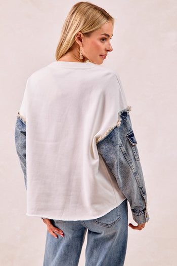 BiBi Sweatshirt with Denim Sleeves and GAMEDAY Letter Patches in Ivory