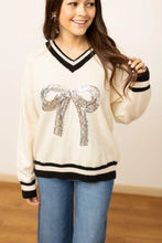 Load image into Gallery viewer, Emma+Grace Varsity Sweater with Sequin Bow on Front in Cream
