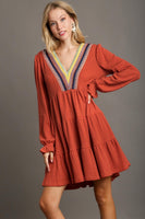 Umgee Crochet Embroidery Tiered Knit Dress in Rust
