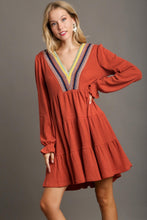 Load image into Gallery viewer, Umgee Crochet Embroidery Tiered Knit Dress in Rust
