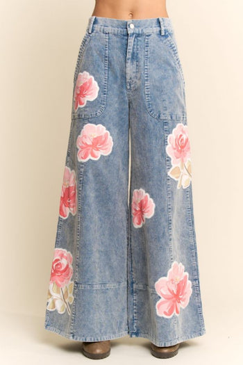 Davi & Dani Washed Corduroy Pants with Printed Flowers in Washed Blue