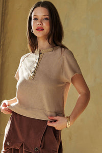 Davi & Dani Breezy Knit Henley Top in Latte