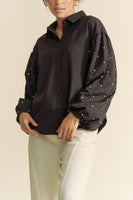 Davi & Dani Solid Color Button Up Top with Stone Embellished Sleeves in Black
