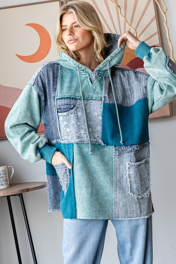 Oli & Hali Mixed Patchwork Hooded Top in Teal Blue