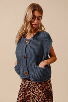 So Me Solid Color Knit Sweater Vest with Big Metal Buttons in Midnight Blue