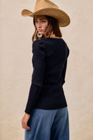 BiBi FITTED Ribbed Knit Top with Contrasting Color Neckline in Black/Camel