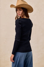 Load image into Gallery viewer, BiBi FITTED Ribbed Knit Top with Contrasting Color Neckline in Black/Camel
