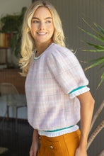 Load image into Gallery viewer, VOY Stripe Band Detail Fuzzy Textured Plaid Top in Pink
