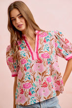 Load image into Gallery viewer, BiBi Woven Flower Print Top with Contrasting Trim in Pink ON ORDER
