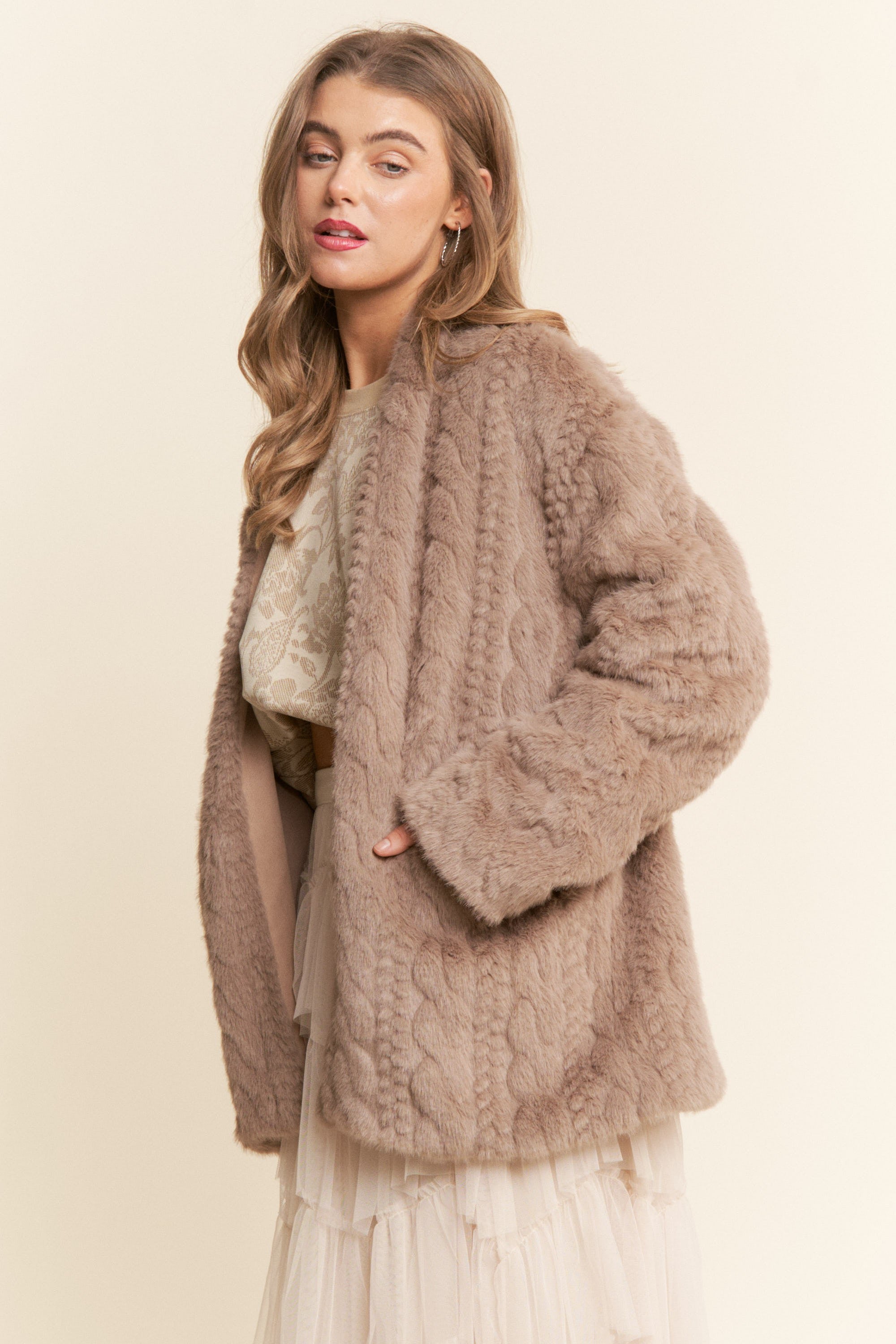 J.nna Open Front Faux Fur Jacket in Light Cocoa – June Adel