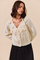 So Me Textured Flower Applique Knit Cardigan in Cream