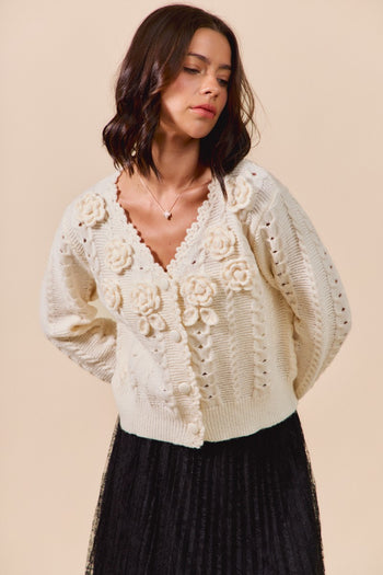 So Me Textured Flower Applique Knit Cardigan in Cream