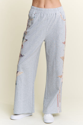J.nna Multi Pattern Patched French Terry Pants in Grey Combo