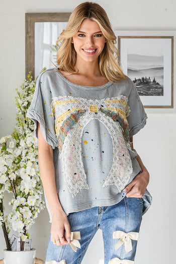 Oli & Hali Paint Splatter Top with Large Ribbon Bow Patch on Front in Blue