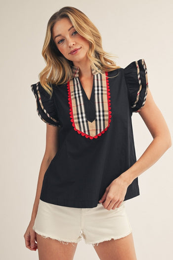 Jodifl Solid Color Woven Top with Plaid Accents in Black