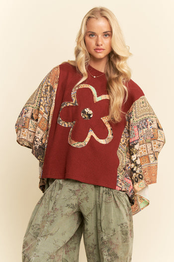 Davi & Dani Boho Patchwork Knit Poncho Top in Burgundy