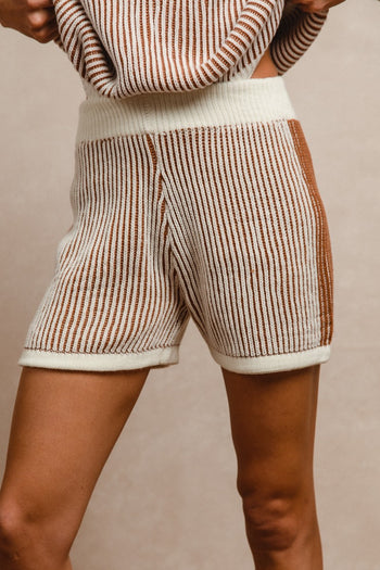 BiBi Two Toned Textured Ribbed Sweater Top and Shorts Set in Ivory/Cinnamon