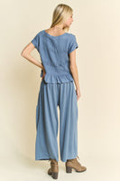 Davi & Dani Solid Color Top and Pants Set in Indigo Blue