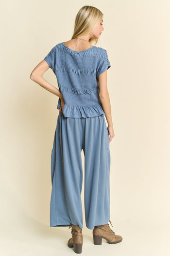Davi & Dani Solid Color Top and Pants Set in Indigo Blue