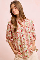 BiBi Bold Woven Striped Floral Print Button Down Top in Red
