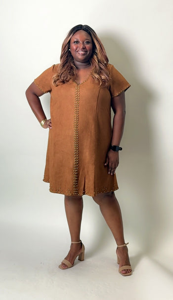 BaeVely Faux Suede Stud Detailed Mini Dress in Brown