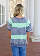 Easel Mineral Washed Boxy Rugby Striped Top in Denim Blue