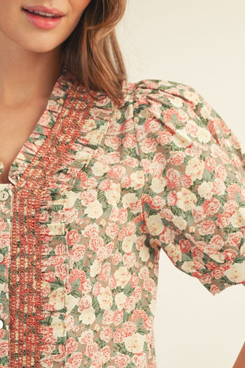 Jodifl Ruffle Detail Button Down Floral Top in Taupe