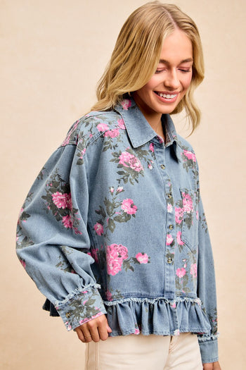 BiBi Peplum Floral Print Denim Button Down Top in Washed Denim