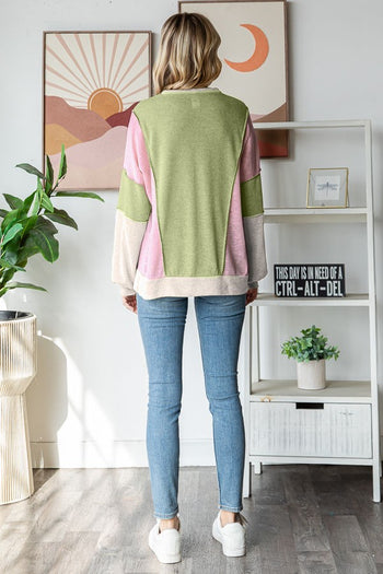 7th Ray Color Block Honeycomb Knit Top in Avocado