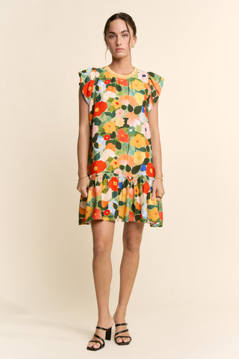 Davi & Dani Ruffle Sleeve Floral Dress in Orange