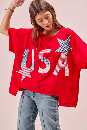 BiBi Oversized Knit Top with Mix n Match USA Patchwork in Red