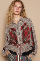 POL Textured Denim Jacket with Plaid and Lace Details in Black Denim