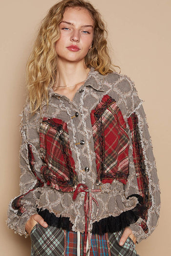 POL Textured Denim Jacket with Plaid and Lace Details in Black Denim