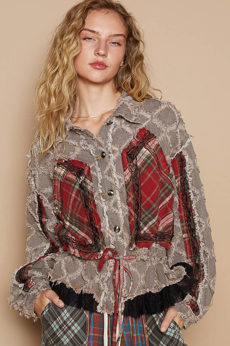 POL Textured Denim Jacket with Plaid and Lace Details in Black Denim