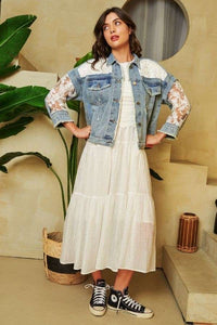 Davi & Dani Distressed Denim and Lace Jacket in Light Denim