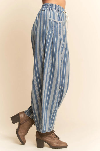 Davi & Dani Striped Barrel Pants in Light Denim Stripe