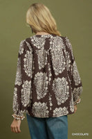 Umgee Boho Paisley Floral Contrast Yoke Blouse in Chocolate