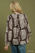 Load image into Gallery viewer, Umgee Boho Paisley Floral Contrast Yoke Blouse in Chocolate
