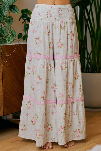 BiBi Smocked Waistband Rose Printed Gauze Lace Trim Detailed Pants in Taupe/Blush