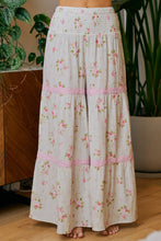 Load image into Gallery viewer, BiBi Smocked Waistband Rose Printed Gauze Lace Trim Detailed Pants in Taupe/Blush
