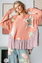 Load image into Gallery viewer, Oli &amp; Hali Mineral Washed Star Patched Top with Contrasting Ruffled Hem in Salmon
