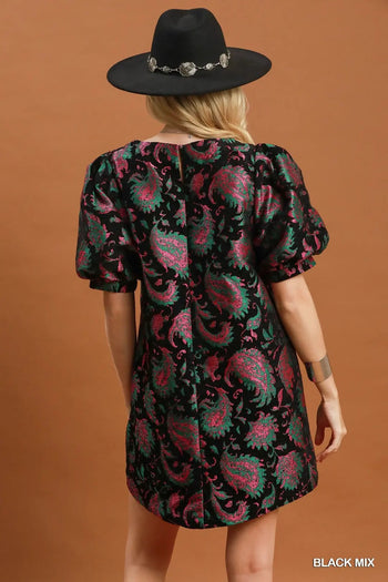 Umgee Metallic Floral Jacquard Puff Sleeve Shift Dress in Black