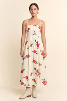Davi & Dani Flower Print French Terry Midi Dress in Cream