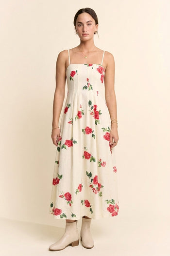 Davi & Dani Flower Print French Terry Midi Dress in Cream