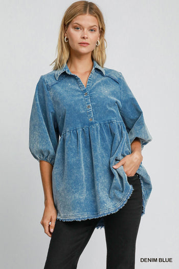 Umgee Stone Washed Corduroy Tunic Top in Denim Blue