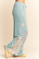 Davi & Dani Thermal Knit and Lace Pants with Flower Patches in Light Blue Grey