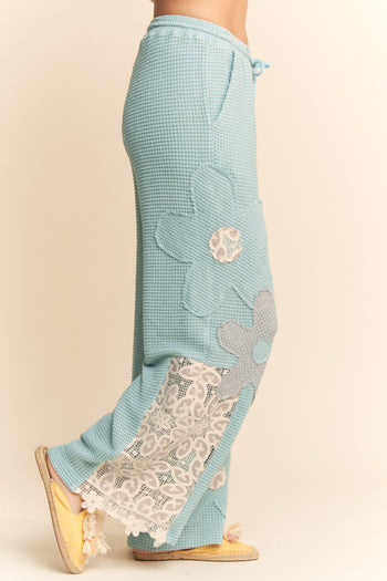 Davi & Dani Thermal Knit and Lace Pants with Flower Patches in Light Blue Grey