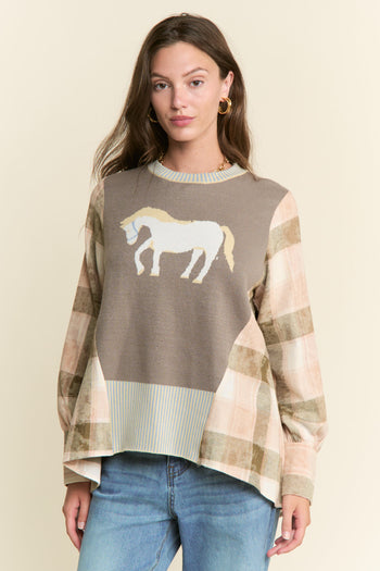 J.nna Knit Horse Print and Contrasting Plaid Top in Olive Combo